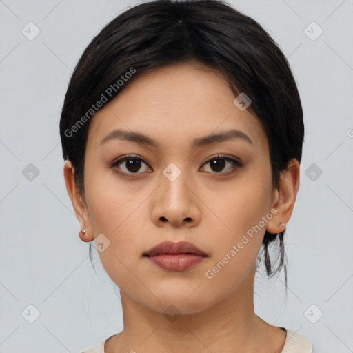 Neutral asian young-adult female with short  black hair and brown eyes