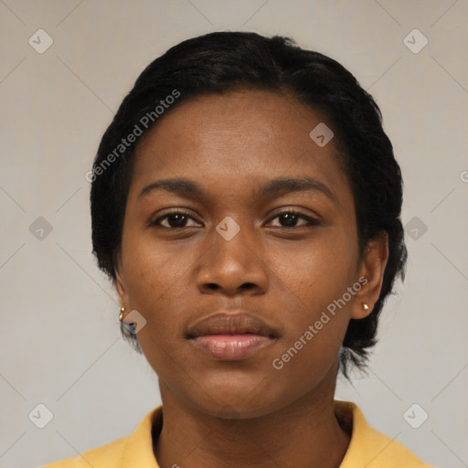 Neutral black young-adult female with short  black hair and brown eyes