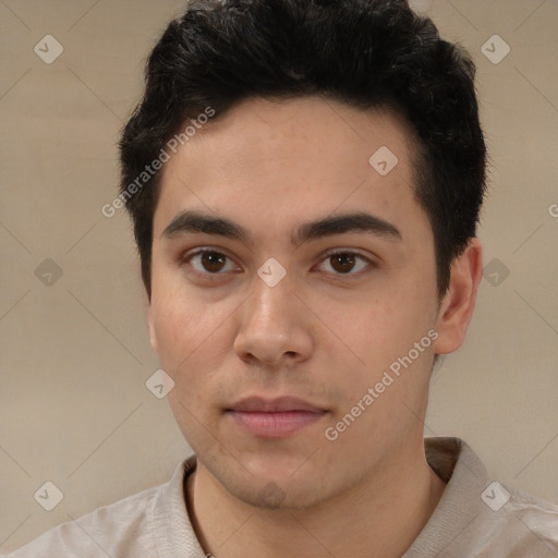 Neutral white young-adult male with short  black hair and brown eyes