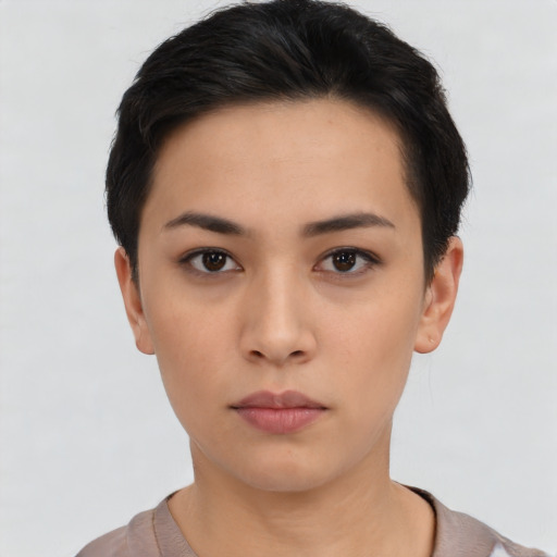 Neutral asian young-adult female with short  black hair and brown eyes