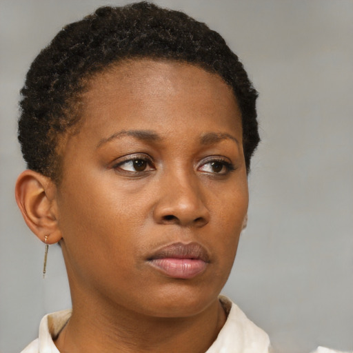 Neutral black young-adult female with short  brown hair and brown eyes