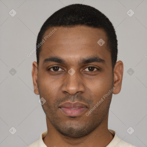 Neutral black young-adult male with short  black hair and brown eyes