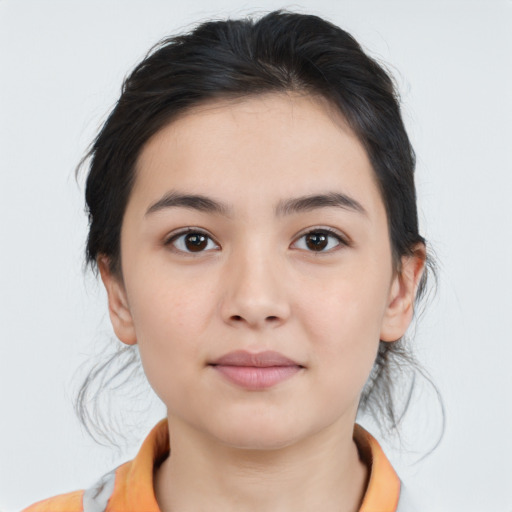 Neutral white young-adult female with medium  black hair and brown eyes