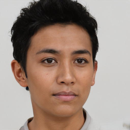 Neutral asian young-adult male with short  brown hair and brown eyes