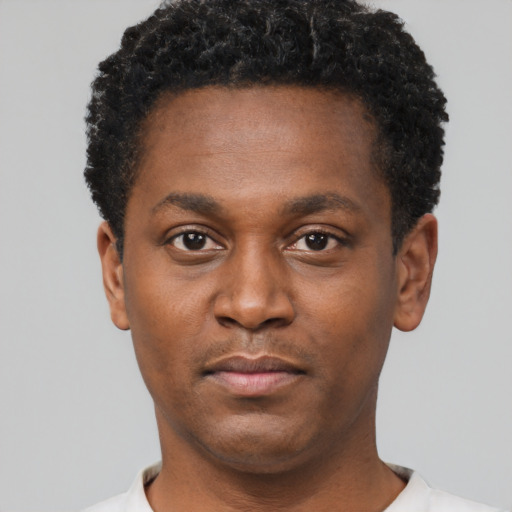 Neutral black young-adult male with short  black hair and brown eyes