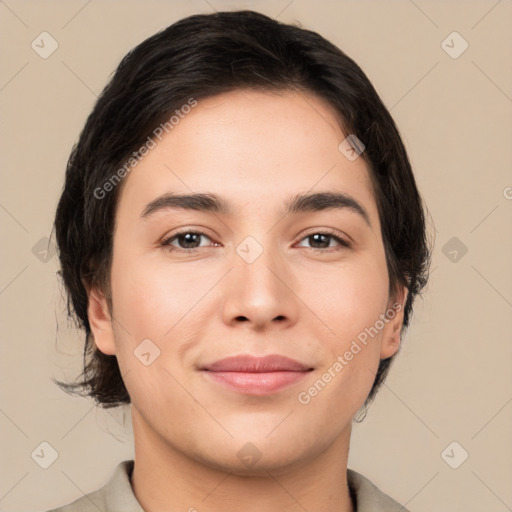 Joyful white young-adult female with medium  brown hair and brown eyes