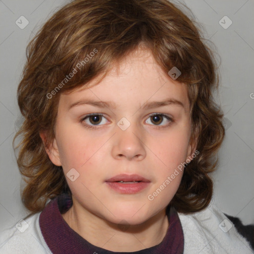 Neutral white child female with medium  brown hair and blue eyes