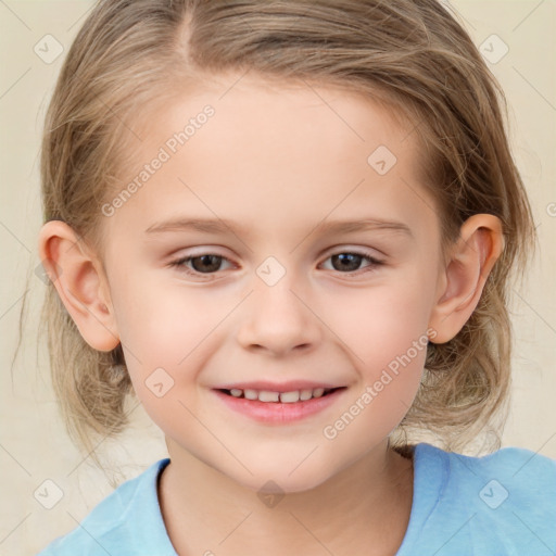 Joyful white child female with medium  brown hair and brown eyes