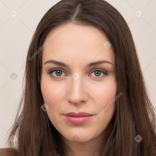 Neutral white young-adult female with long  brown hair and brown eyes