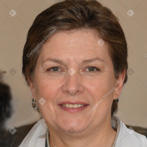 Joyful white adult female with short  brown hair and brown eyes