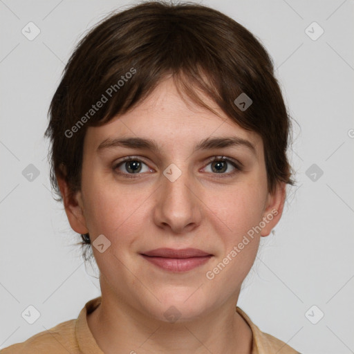 Joyful white young-adult female with medium  brown hair and grey eyes