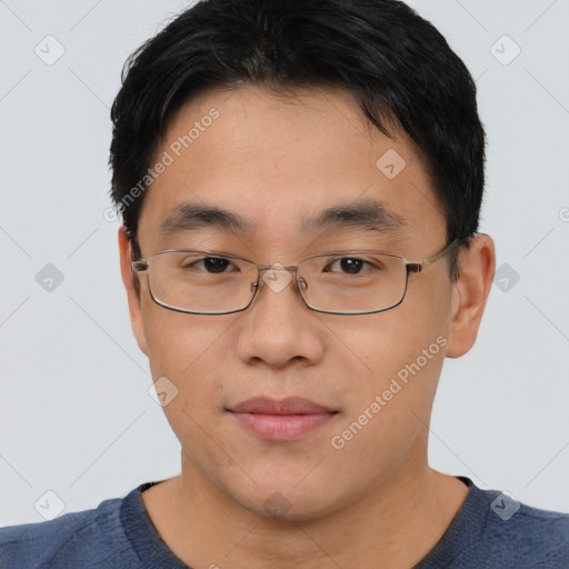 Neutral asian young-adult male with short  brown hair and brown eyes