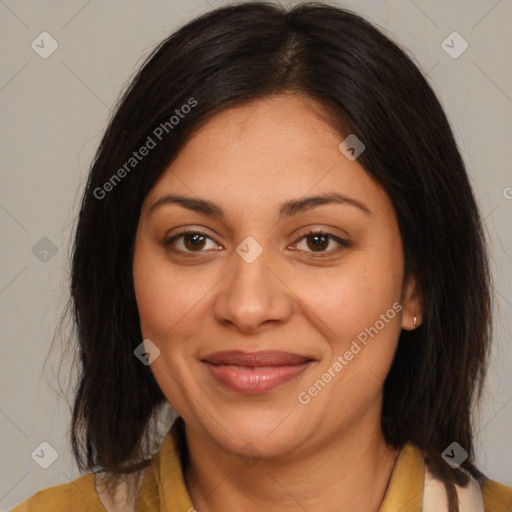 Joyful latino young-adult female with medium  brown hair and brown eyes