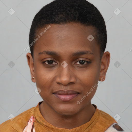 Joyful black young-adult female with short  brown hair and brown eyes