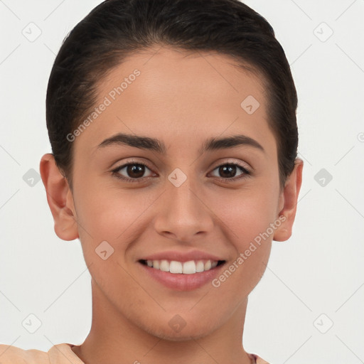 Joyful white young-adult female with short  brown hair and brown eyes