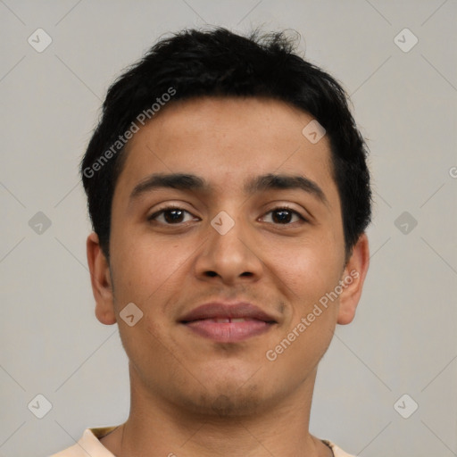 Neutral latino young-adult male with short  black hair and brown eyes