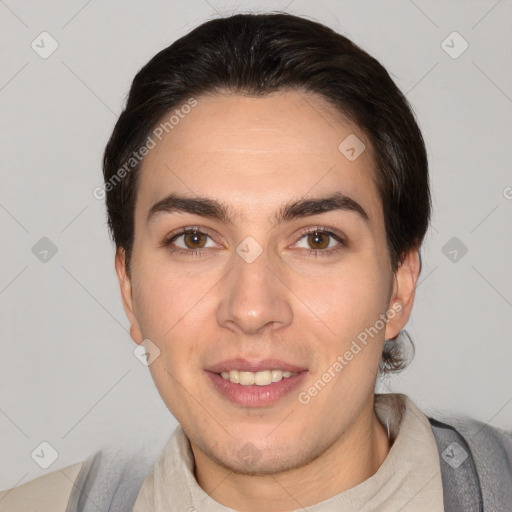 Joyful white young-adult female with short  brown hair and brown eyes