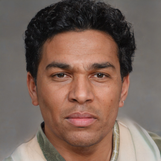 Joyful white adult male with short  black hair and brown eyes