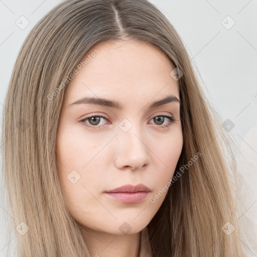 Neutral white young-adult female with long  brown hair and brown eyes