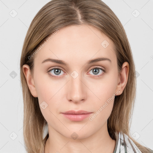 Neutral white young-adult female with long  brown hair and grey eyes