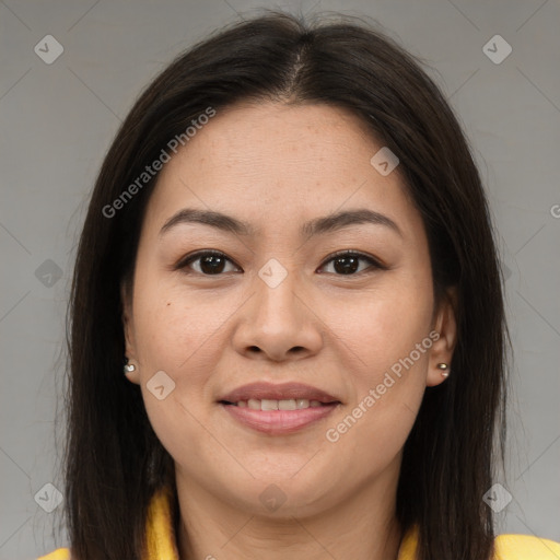 Joyful asian young-adult female with medium  brown hair and brown eyes