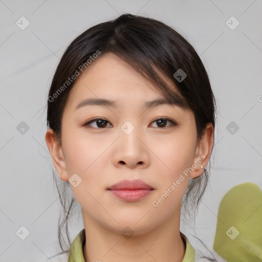 Neutral asian young-adult female with medium  brown hair and brown eyes