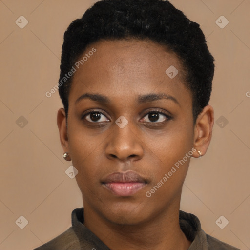 Neutral black young-adult female with short  black hair and brown eyes