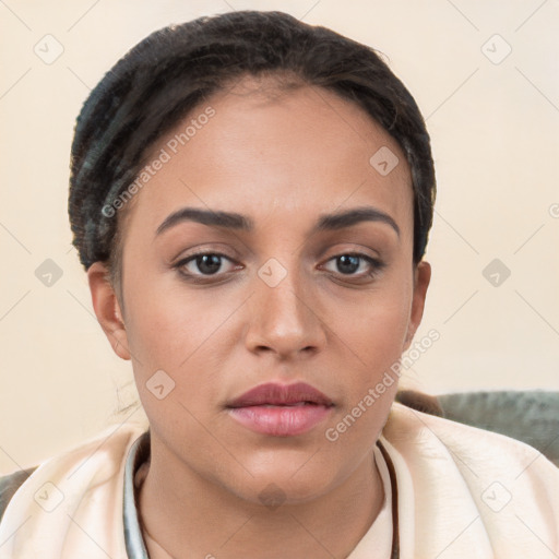 Neutral white young-adult female with short  brown hair and brown eyes