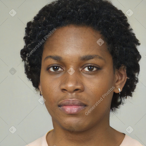 Neutral black young-adult female with short  black hair and brown eyes