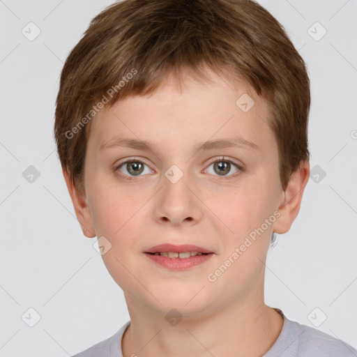 Joyful white child male with short  brown hair and brown eyes