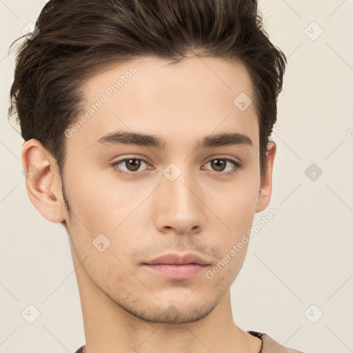 Neutral white young-adult male with short  brown hair and brown eyes