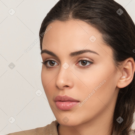 Neutral white young-adult female with long  brown hair and brown eyes