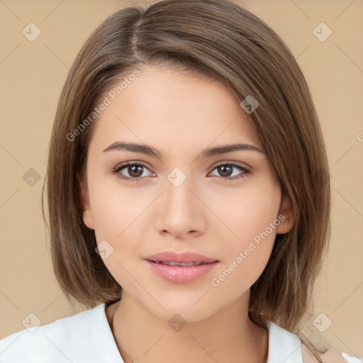 Neutral white young-adult female with medium  brown hair and brown eyes