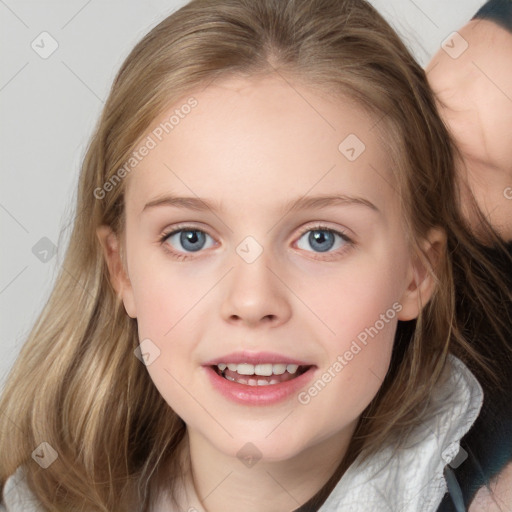 Joyful white child female with medium  brown hair and blue eyes