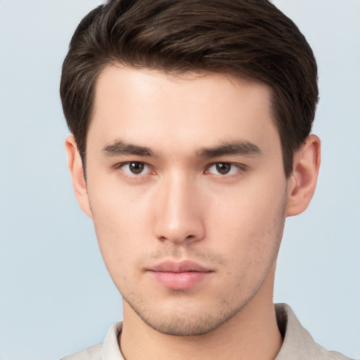 Neutral white young-adult male with short  brown hair and brown eyes