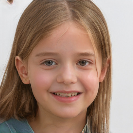 Joyful white child female with medium  brown hair and grey eyes