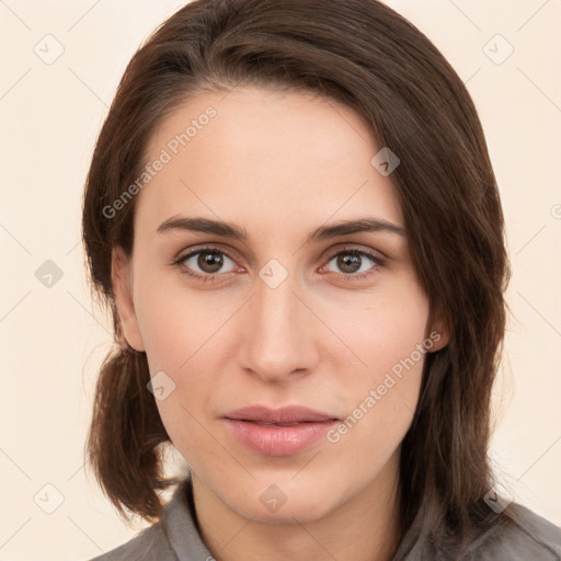 Neutral white young-adult female with medium  brown hair and brown eyes