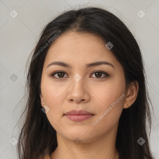 Neutral asian young-adult female with long  brown hair and brown eyes