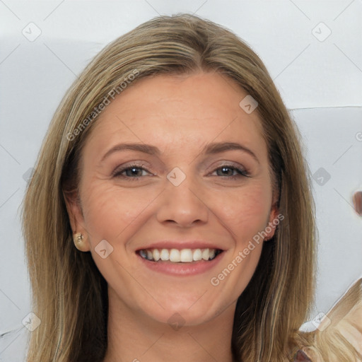 Joyful white young-adult female with long  brown hair and brown eyes