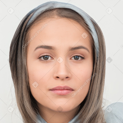 Neutral white young-adult female with medium  brown hair and brown eyes