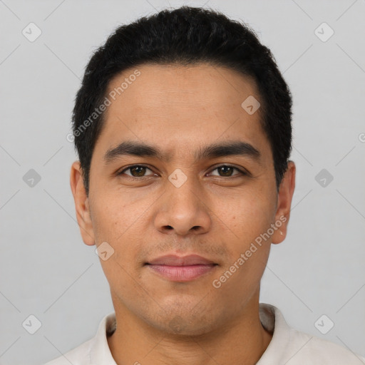 Neutral asian young-adult male with short  black hair and brown eyes
