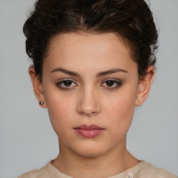 Neutral white young-adult female with short  brown hair and brown eyes