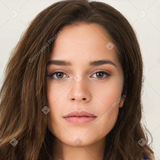 Neutral white young-adult female with long  brown hair and brown eyes