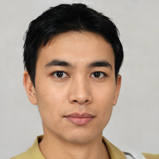 Neutral asian young-adult male with short  black hair and brown eyes