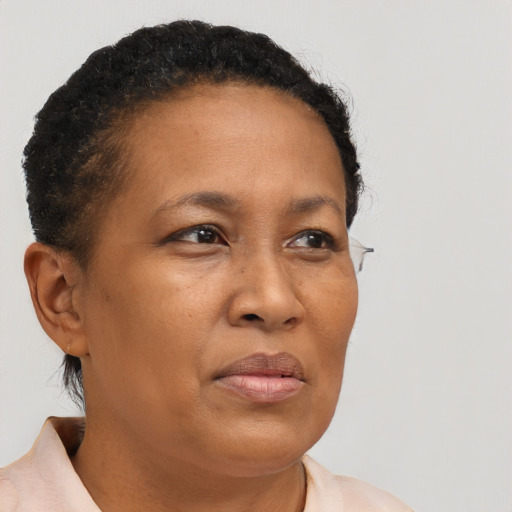Neutral black adult female with short  brown hair and brown eyes