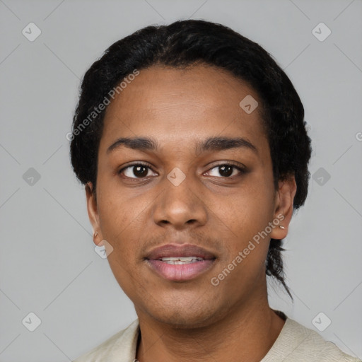 Neutral black young-adult male with short  black hair and brown eyes