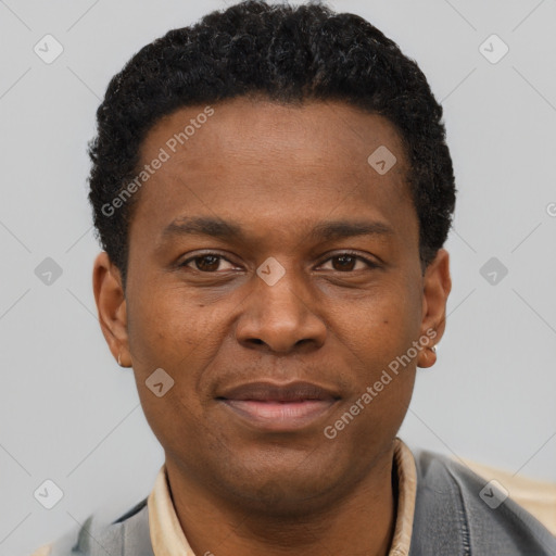 Joyful black young-adult male with short  brown hair and brown eyes