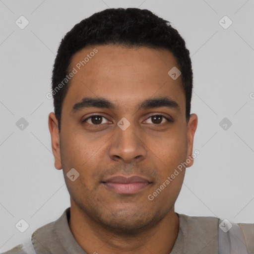 Neutral latino young-adult male with short  black hair and brown eyes