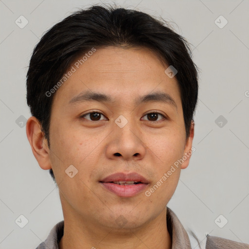 Neutral asian young-adult male with short  brown hair and brown eyes