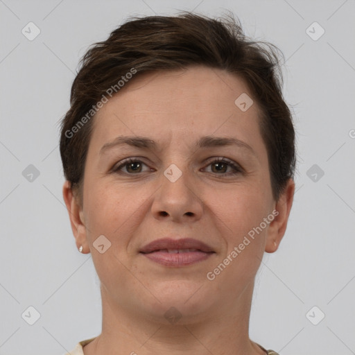 Joyful white young-adult female with short  brown hair and brown eyes